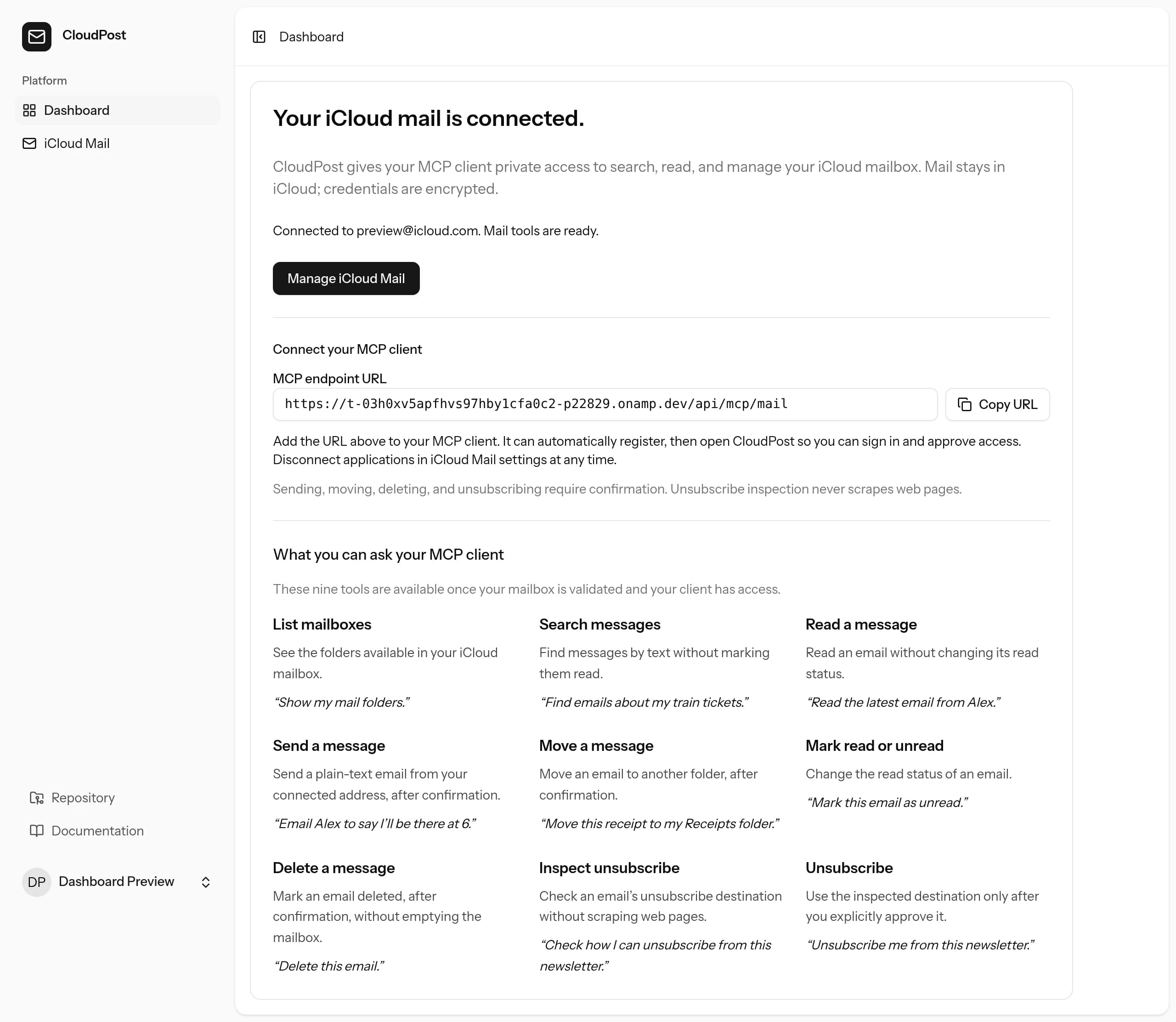 CloudPost's dashboard with a sample connected iCloud account, a copyable MCP endpoint, and available mail tools
