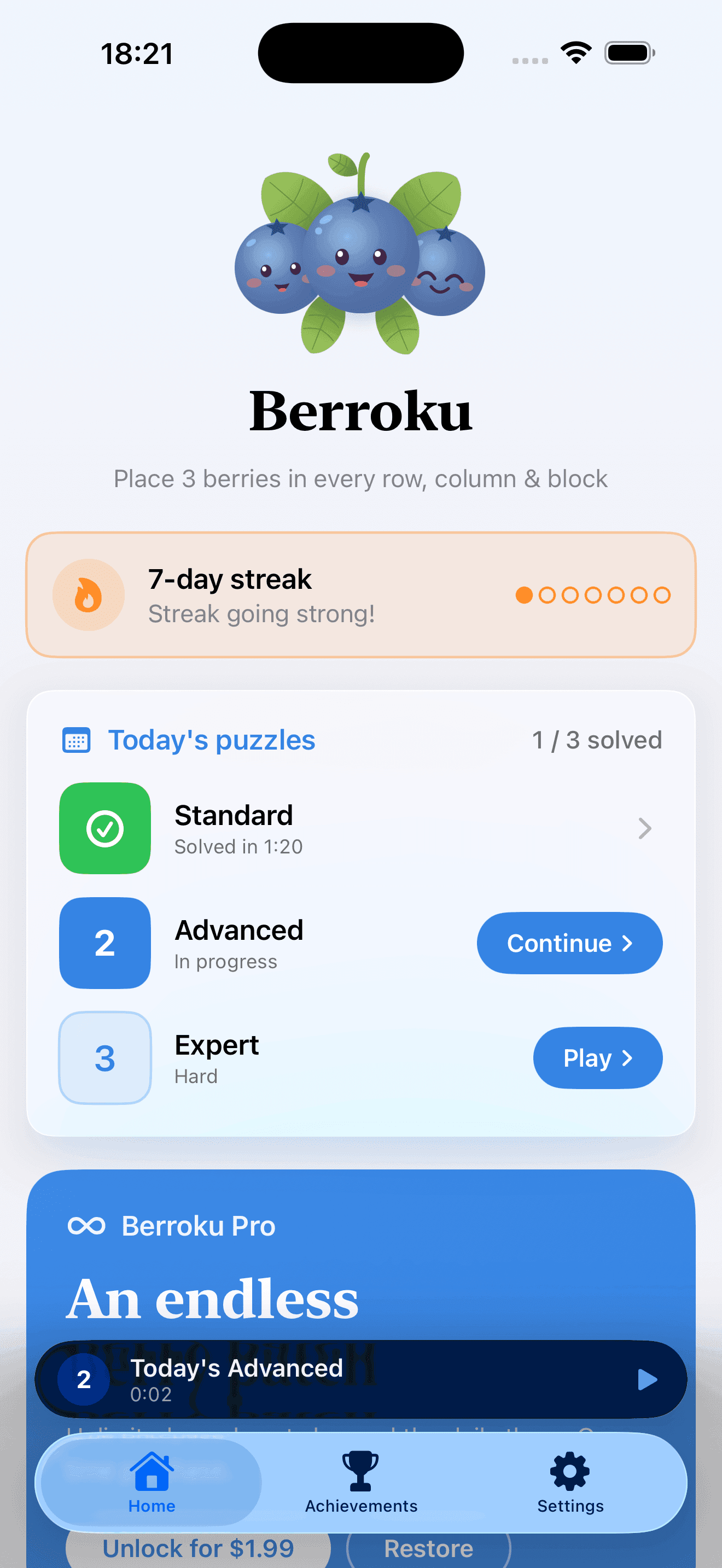 The Berroku home screen, showing today's daily puzzles and the current streak