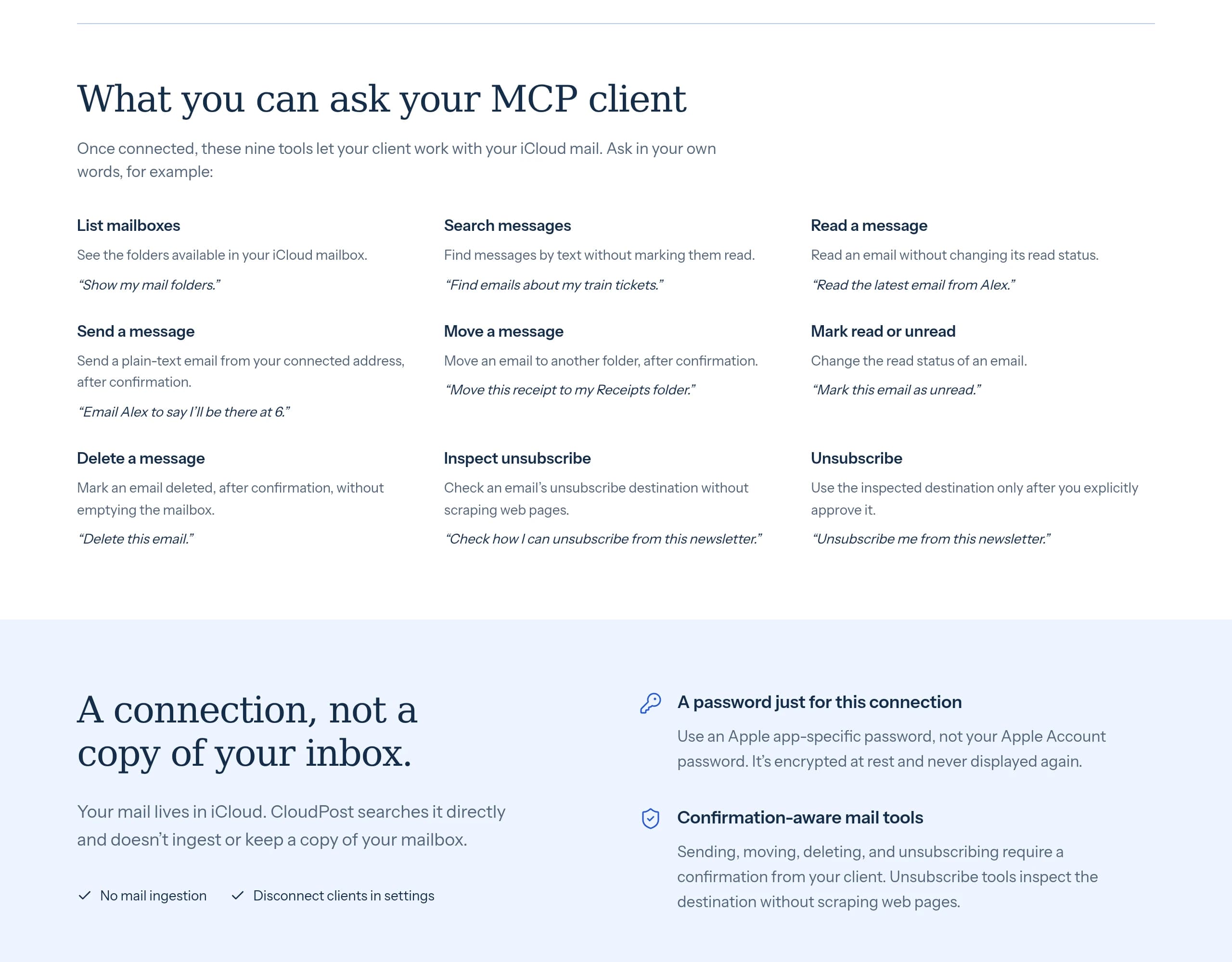 The CloudPost homepage, showing its nine mail tools and privacy-first approach