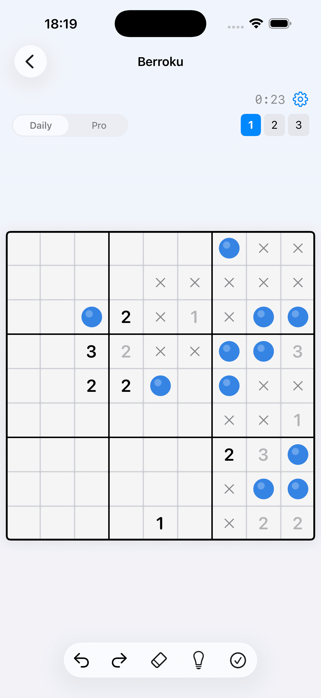 A Berroku puzzle in its starting state, with numbered clues scattered across the grid